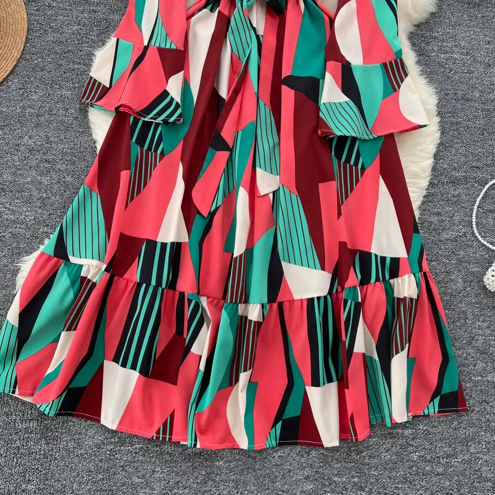 Women Vintage Print Dress for Women Autumn Flare Long Sleeves Lace Up Ruffles Slim Waist Evening Party Dresses A-Line Vestidos