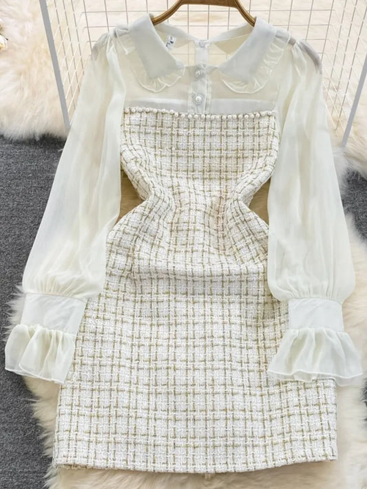 Autumn Fashion New Women Tweed Plaid Mini Dress Elegant Chiffon Patchwork Long Sleeve Dresses Female Casual One Piece Clothes
