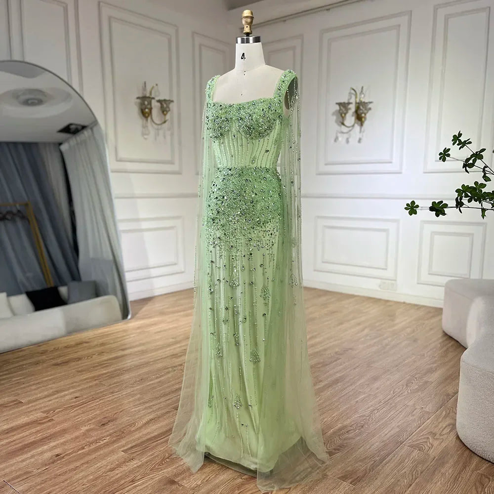 Serene Hill Arabic Gray Mermaid Beaded Luxury Dubai Long Evening Gown with Cape Sleeves Elegant for Women - Party 2024 BLA72592