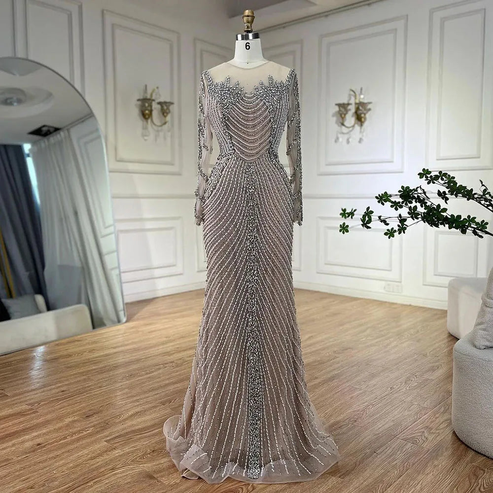 Serene Hill Luxury Crystal Pearls Dubai Sliver Nude Evening Dresses for Women Wedding Formal Prom Party Gown BLA72478