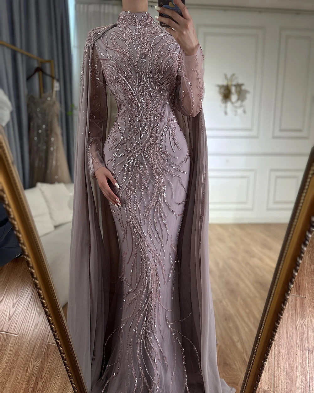 Serene Hill Muslim Sage Green Mermaid Long Cape Beaded Satin Luxury Evening Dresses Gowns For Women Party 2024 LA72413A