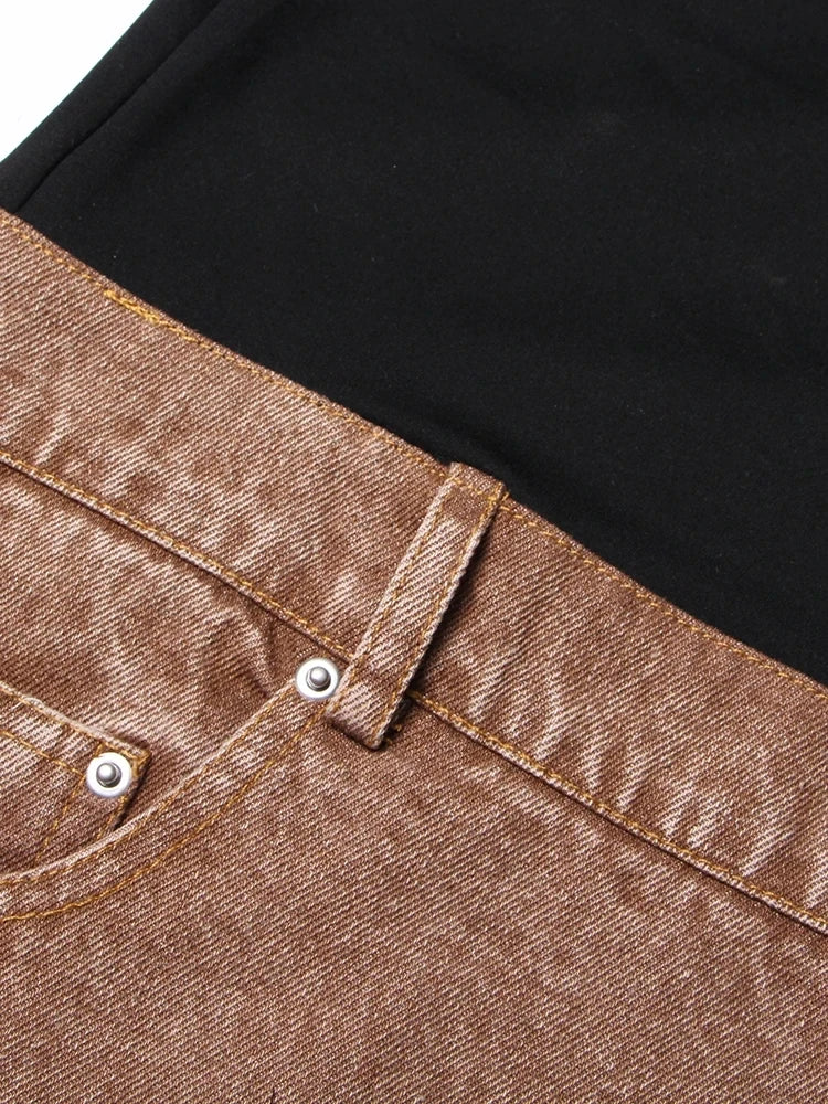 ROMISS Patchwork Belt Denim Pants For Women High Waist Slimming Hit Color Streetwear Wide Leg Jeans Female Fashion Clothes