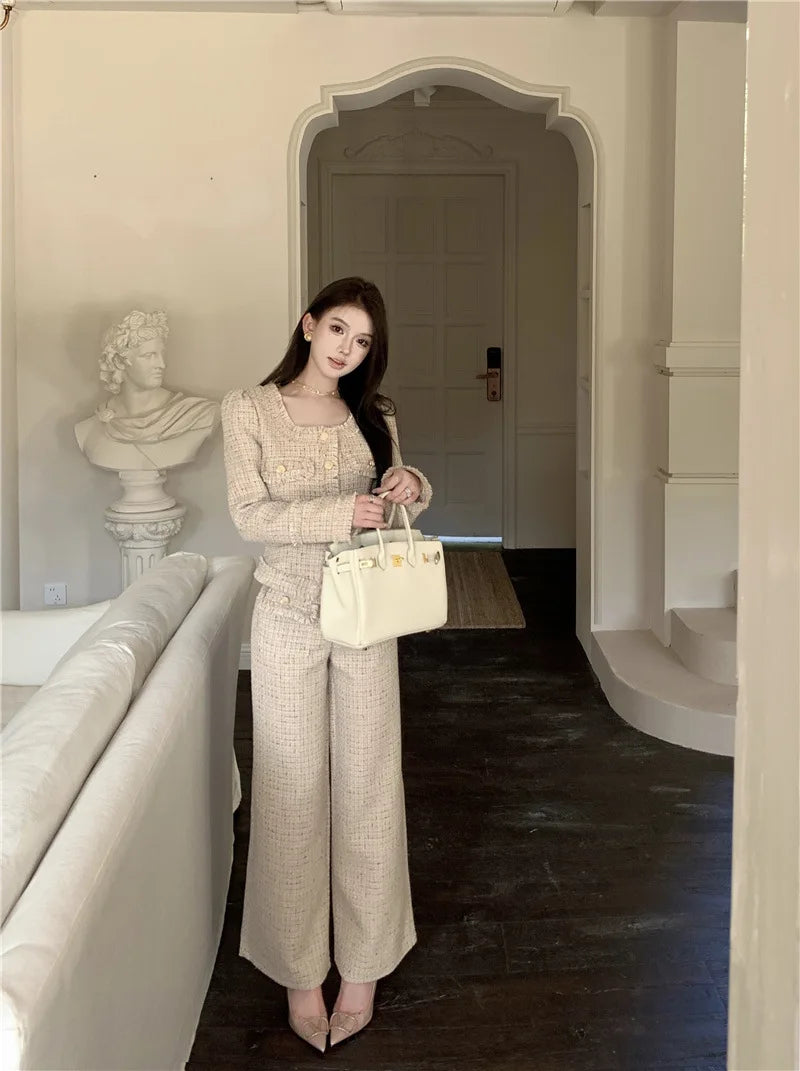 Women's Luxury Slim Tweed Pants Suits High Waist Long Trousers+Square Collar Cropped Coat Elegant 2 Piece Set Female Outfits