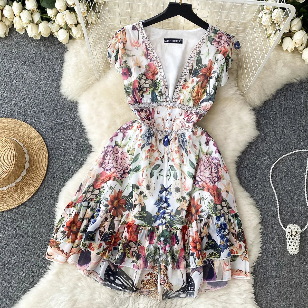 Short Dresses Women Cap Sleeve Vintage Print Chiffon Dress Faux Pearl Buttoned V Neck Ruffle Hem Wedding Elegant Party Dress
