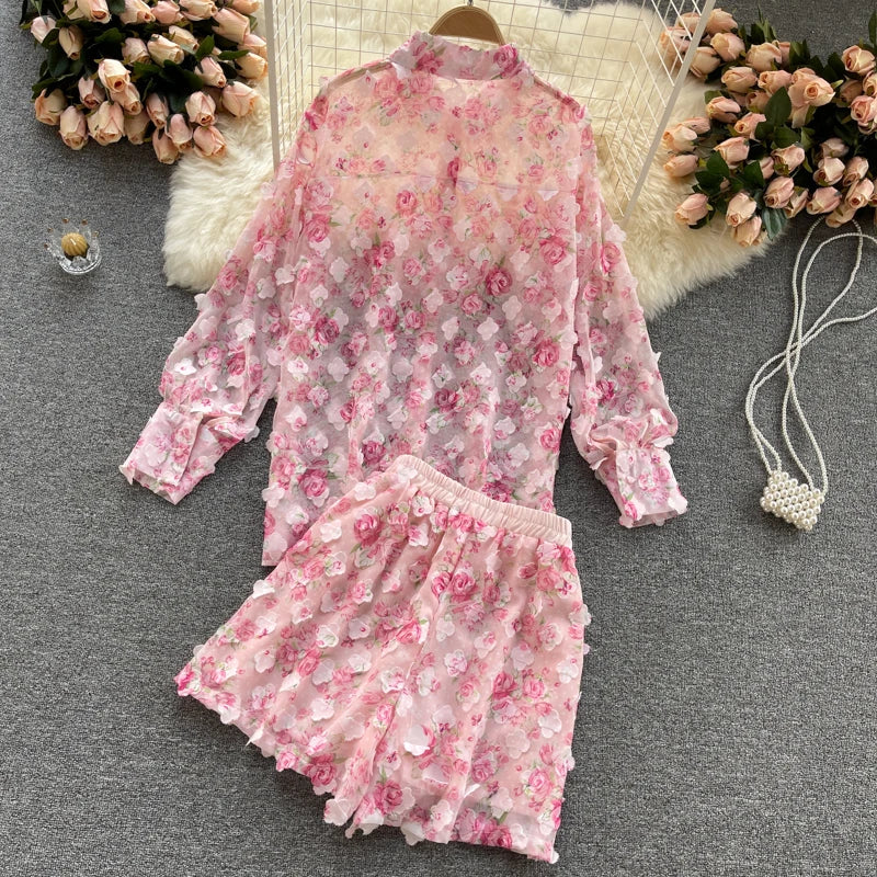 Clothland Sweet Appliqued Floral Blouse Suit Two Piece Pink Set Long Sleeve Shirts Mini Shorts Spring Set TZ228