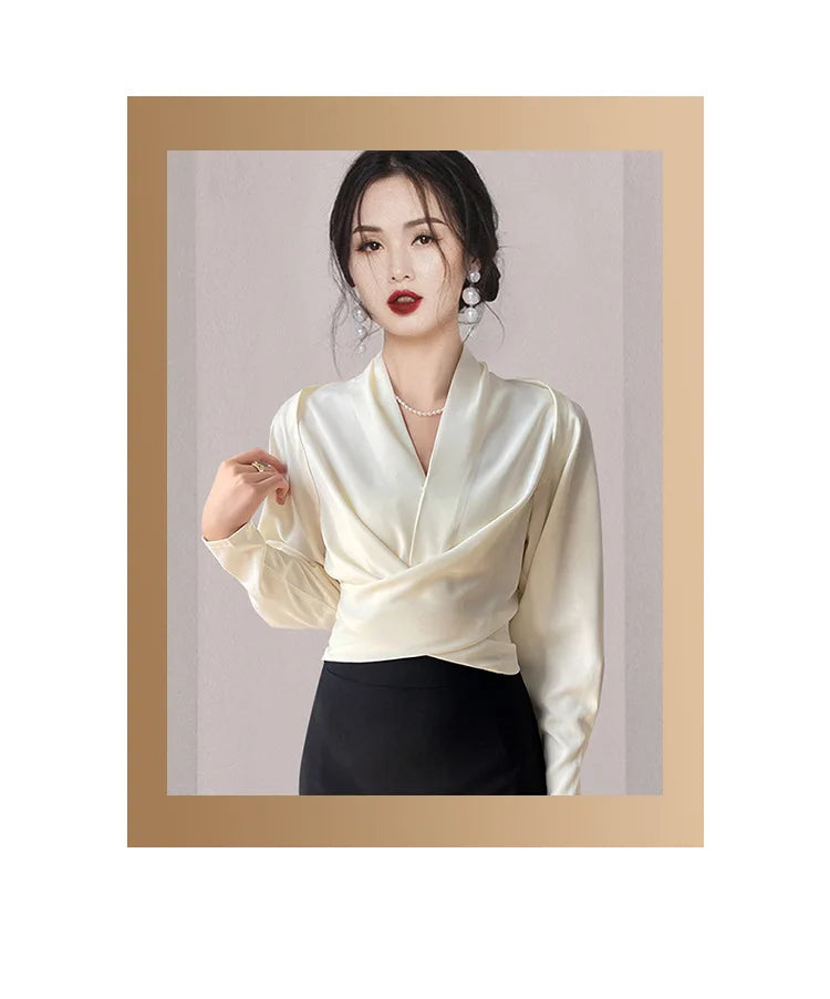 Autumn New Women's Long sleeved V-neck Shirt Top Short French Elegant Temperament Satin Effect Slimming Shirt Blouse