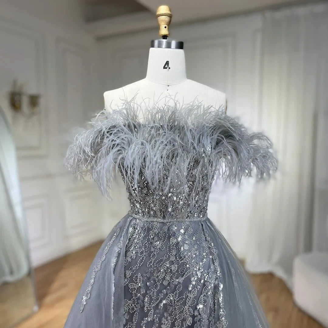 SERENE HILL 2024 Blue Feather Mermaid Luxury Beaded Evening Dresses Overskirt Formal Pink Gowns For Women Wedding Party GLA72061