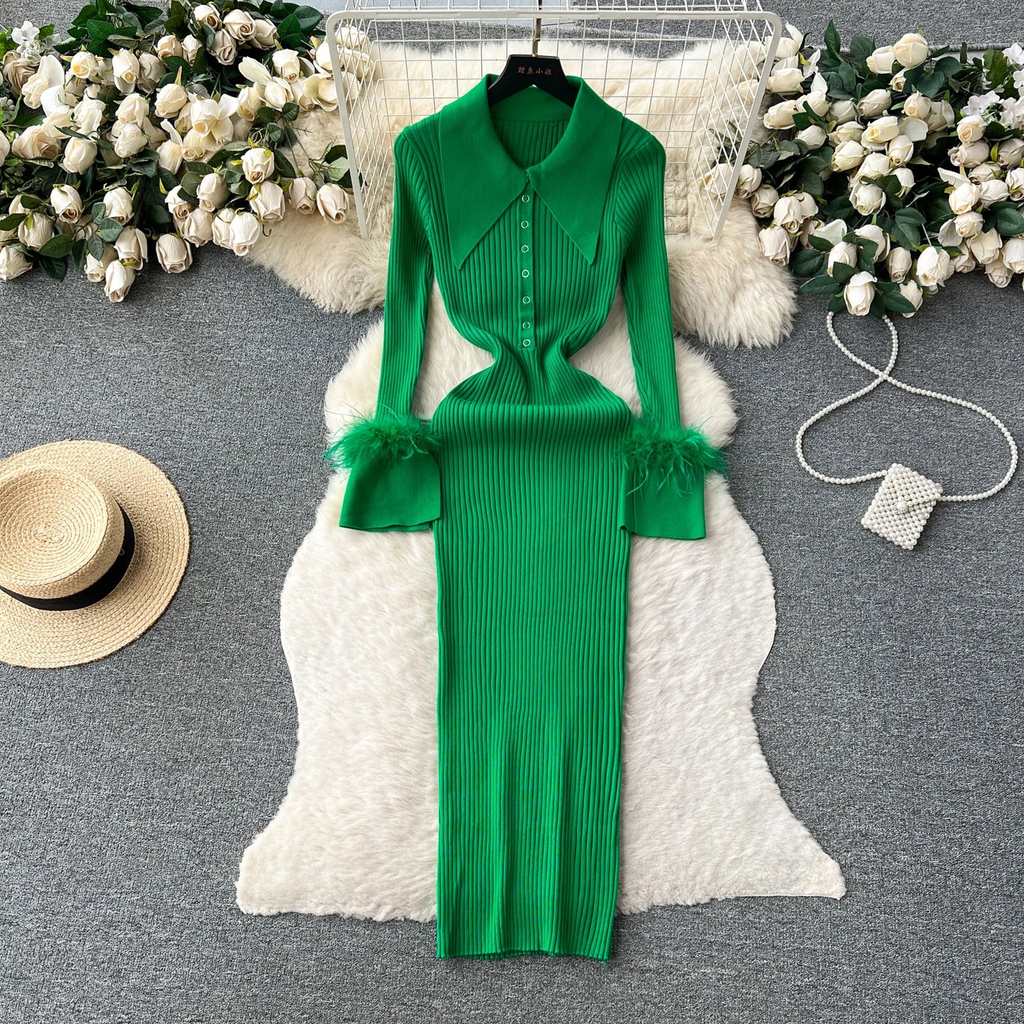 Elegant Turn-down Collar Feather Long Sleeve Knit Bodycon Pencil Dress Slim Fashion Sweater Vestido Sexy Women Winter Clothing