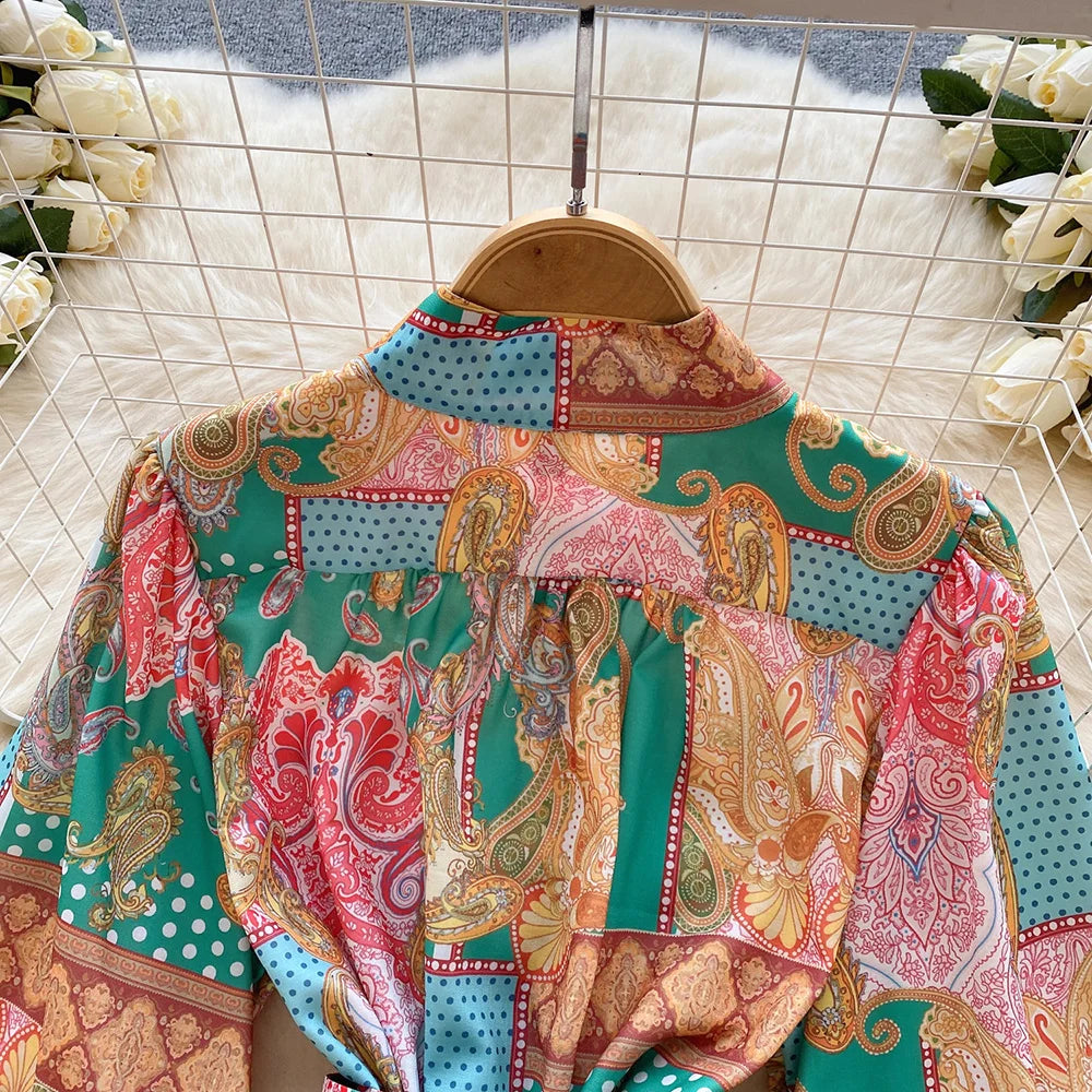 New In Dresses 2024 Spring Vintage Paisley Print Vacation Bohemian Dress Women Stand Collar Long Sleeve Mini Dress With Belt