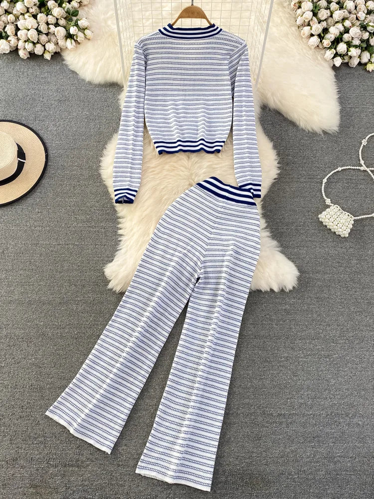 New Autumn Womens Fashion Striped Knitted Sets V-Neck Cardigan Sweater + Casual Stretch-knit Wide-leg Pants Suits Two Piece Sets