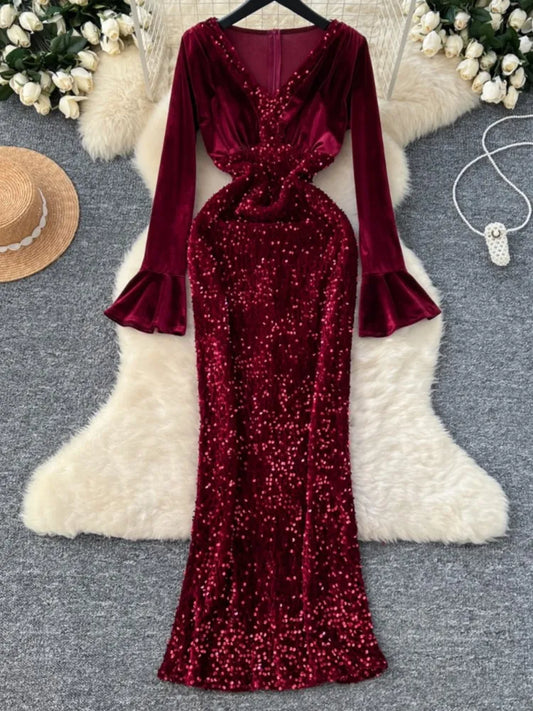 Women's Sexy Velvet Evening Gown Luxury Dresses V-Neck Flare Sleeve Split Long Dress Fashion Slim Robe Birthday Party Autumn New