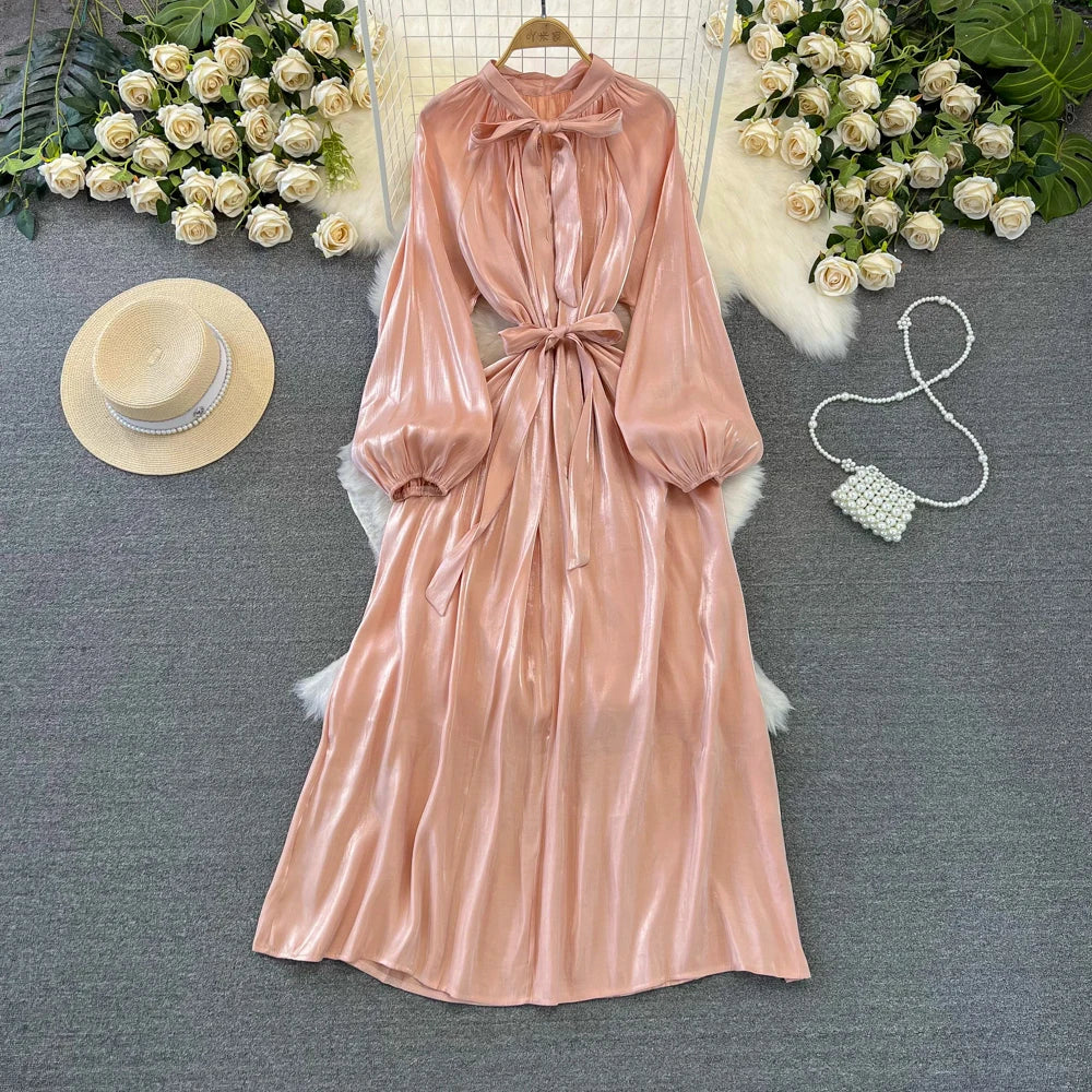 Autumn Elegant Women Fashion Party Long Dress Bow Lace Up Long Sleeve Evening Dresses A-Line Casual Vestidos One Piece Prom Robe