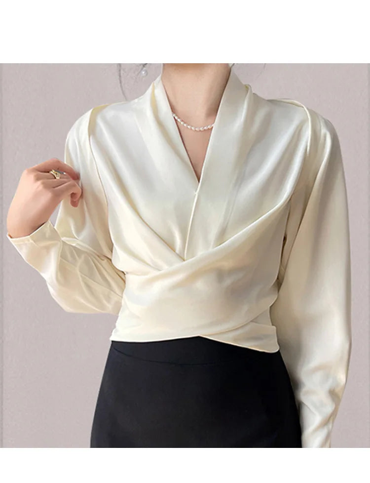 Autumn New Women's Long sleeved V-neck Shirt Top Short French Elegant Temperament Satin Effect Slimming Shirt Blouse