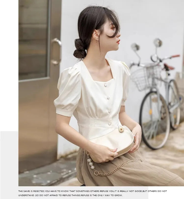 Temperament Short Bubble Sleeve Shirt for Women French Square Neck Elegant Design Office Lady Shirts Summer New Cropped Tops