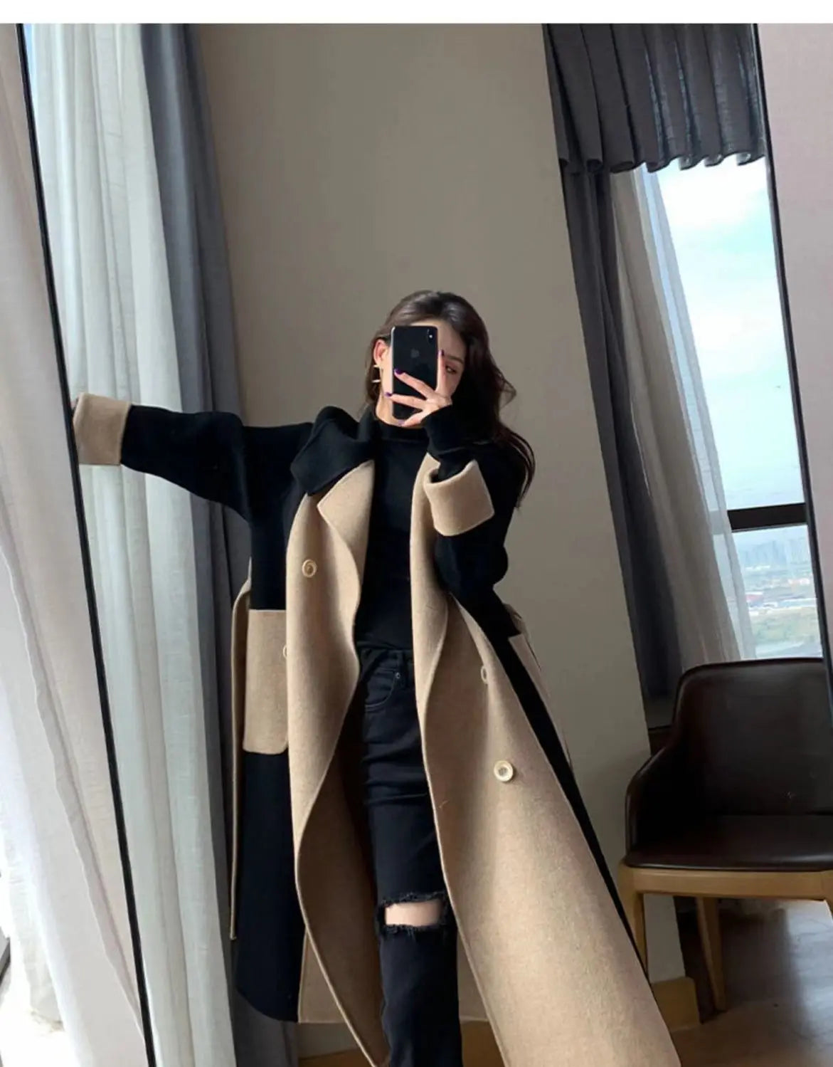 Women's Woolen Long Overcoat With Belt Spring Autumn New Double Sided Fleece Wool Color Matching Style Slim Splicing Coat