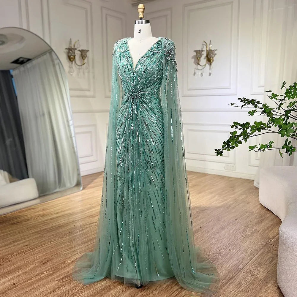Serene Hill Turquoise Mermaid Evening Dresses Gowns 2024 with Beaded Cape Sleeves Design for Women's Wedding Party BLA72168A