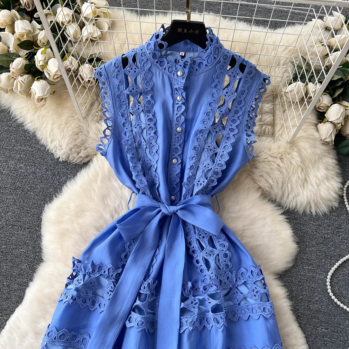 Summer Clothes Dresses For Women 2023 Elegant Vintage Embroidery Lace Dress Sleeveless Stand Neck Button Up Mini Dress With Belt