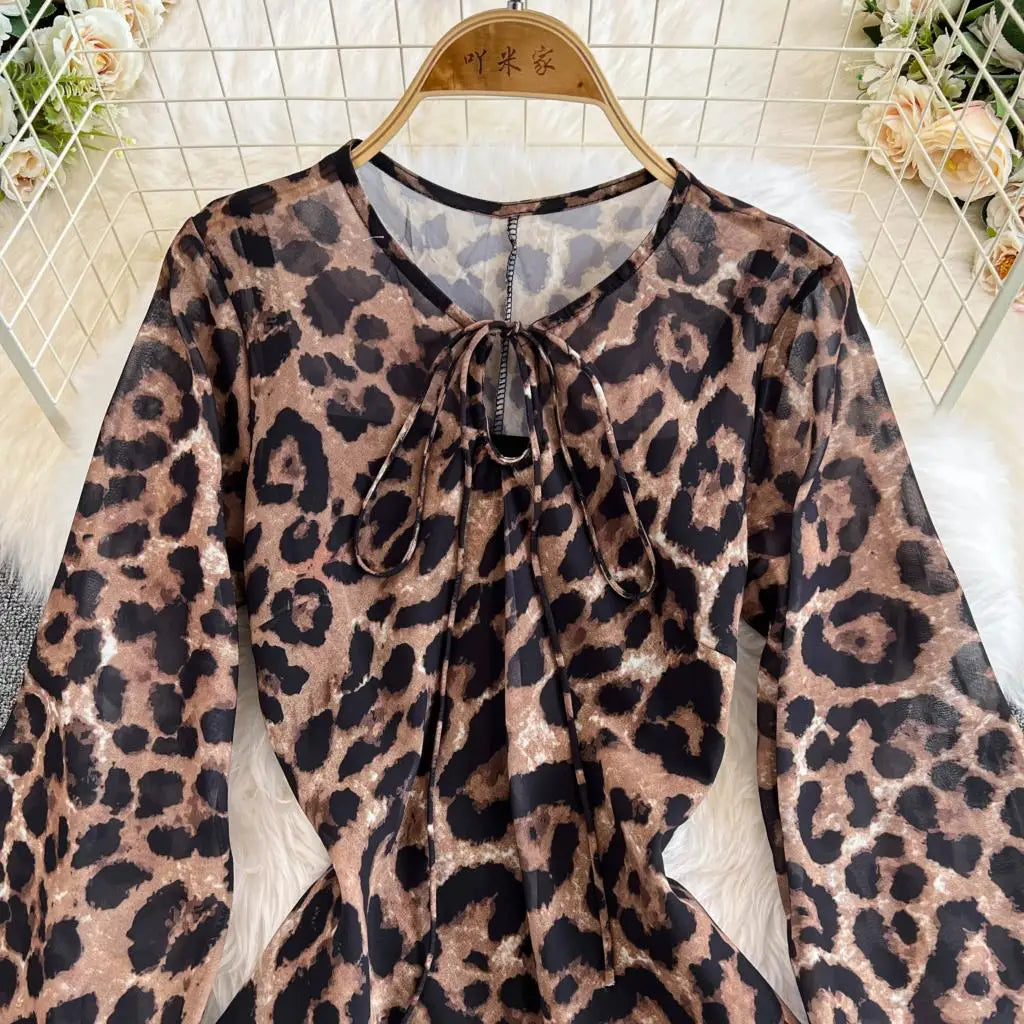 Autumn Elegant Women Leopard Print Long Sleeve Dress Casual Loose A-Line Slit Evening Dresses New Fashion Vintage Vestido Mujers
