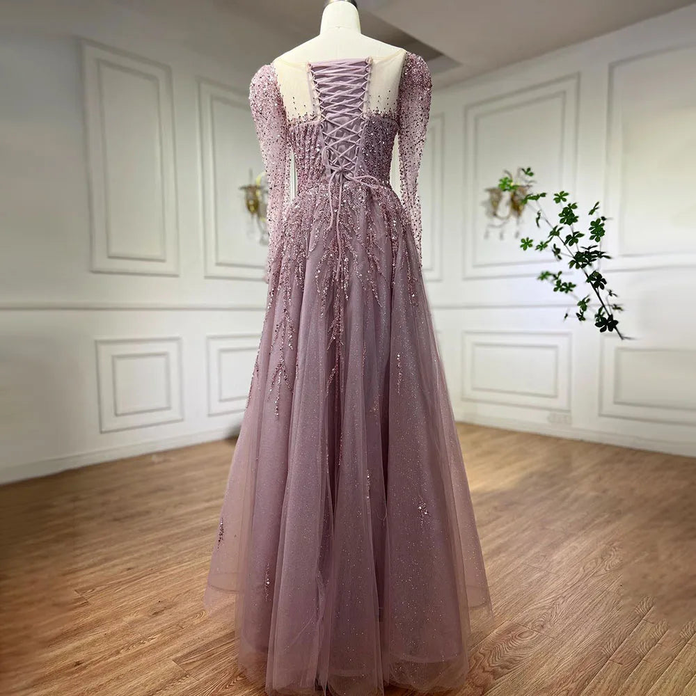 Serene Hill Muslim Pink A Line Beaded Luxury Dubai Long Evening Dresses Gowns 2024  For Woman Wedding Party LA71915
