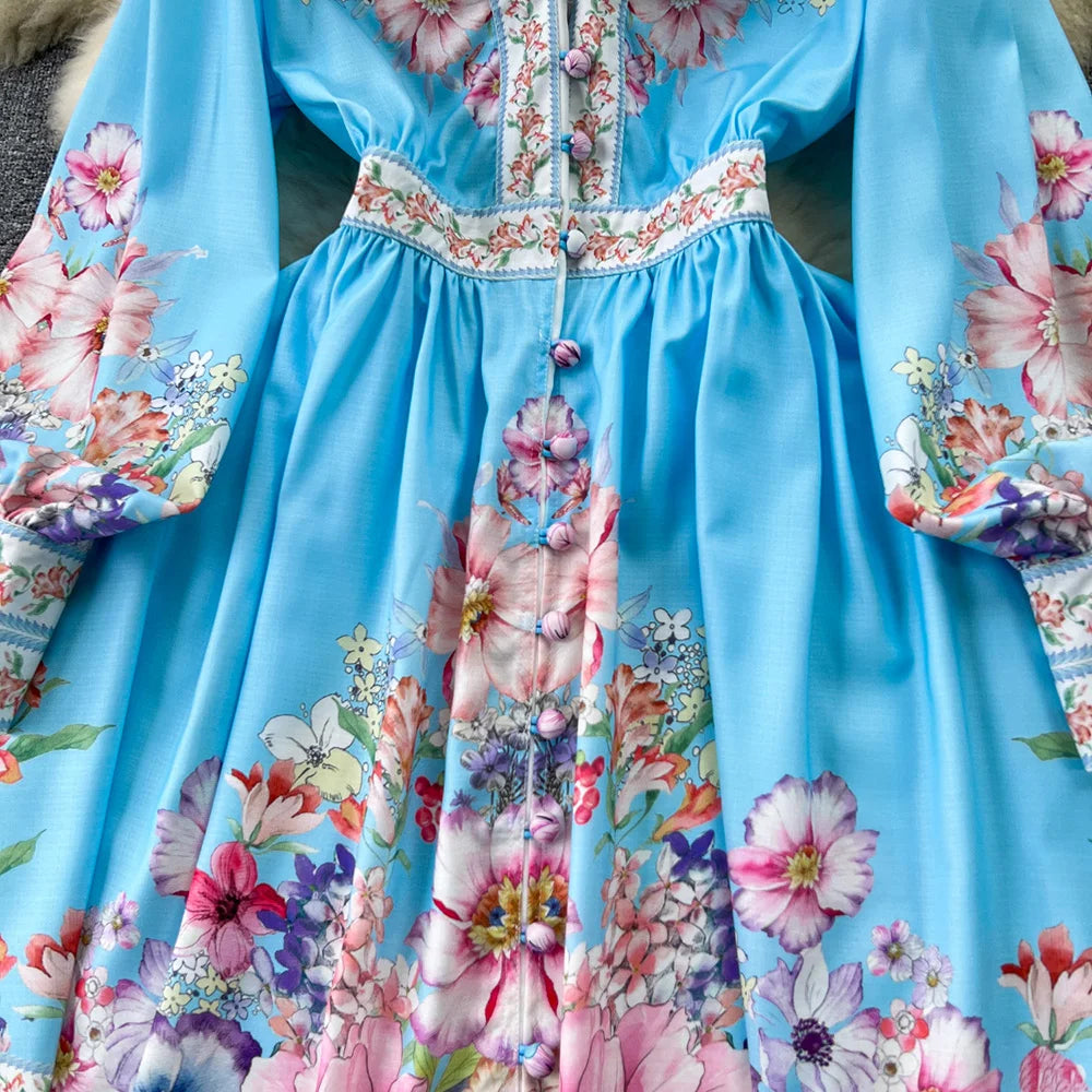 Spring Dresses 2024 Women Fashion Elegant Vintage Floral Print Dress V Neck Front Button Up Long Sleeve Holiday Mini Dress Woman