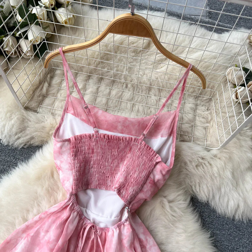 Women Pink Beach Dress Summer Sleeveless Hollow Out High Waist A-line Floral Printing Chiffon Dresses Ladies Casual Long Robe