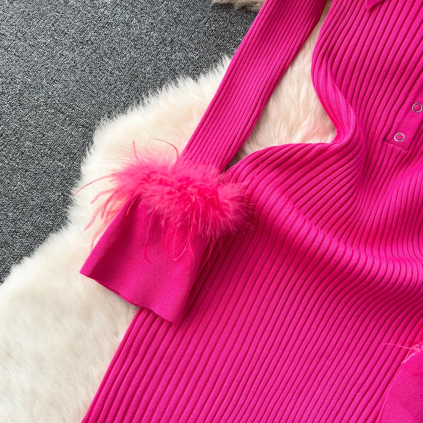 Elegant Turn-down Collar Feather Long Sleeve Knit Bodycon Pencil Dress Slim Fashion Sweater Vestido Sexy Women Winter Clothing