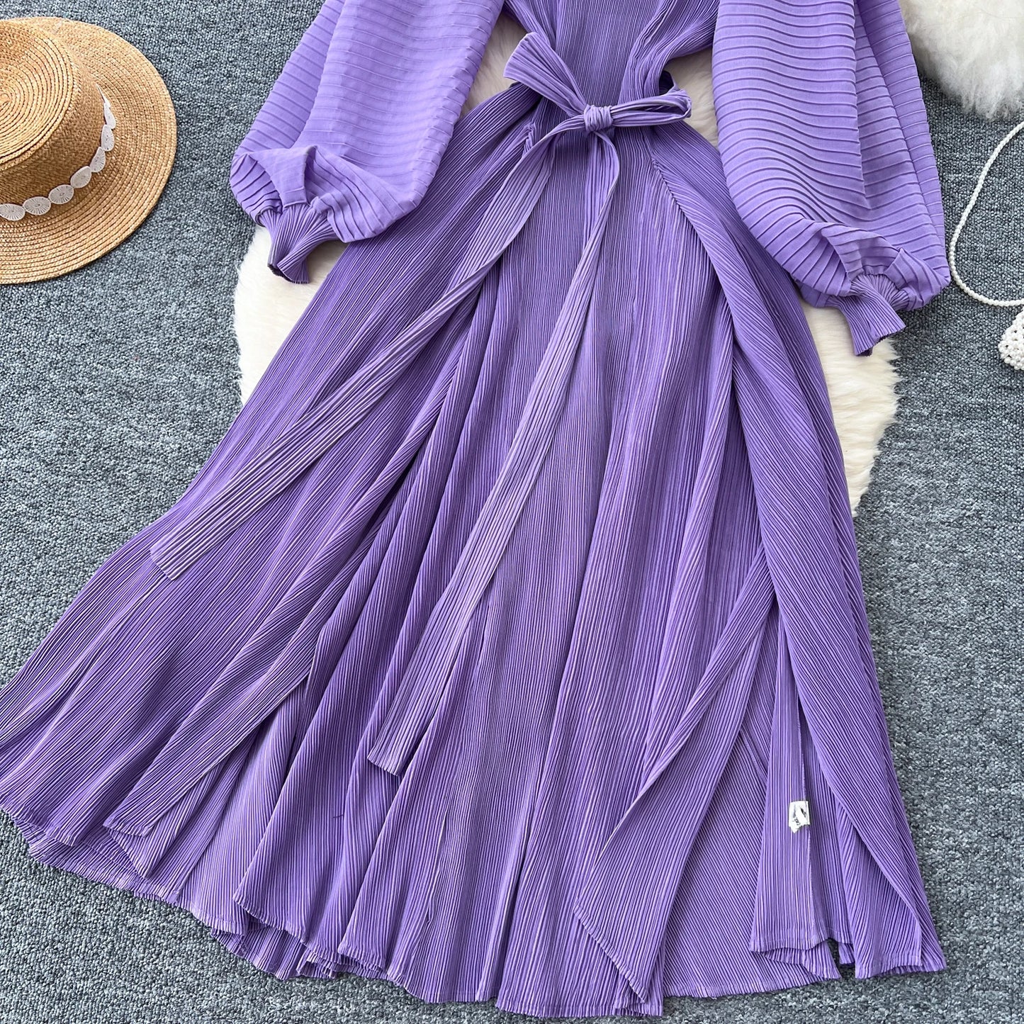 Vintage  Elegant Lantern Sleeve Sweet Pleated Dress Women Basics Fashion Summer Spring Dresse