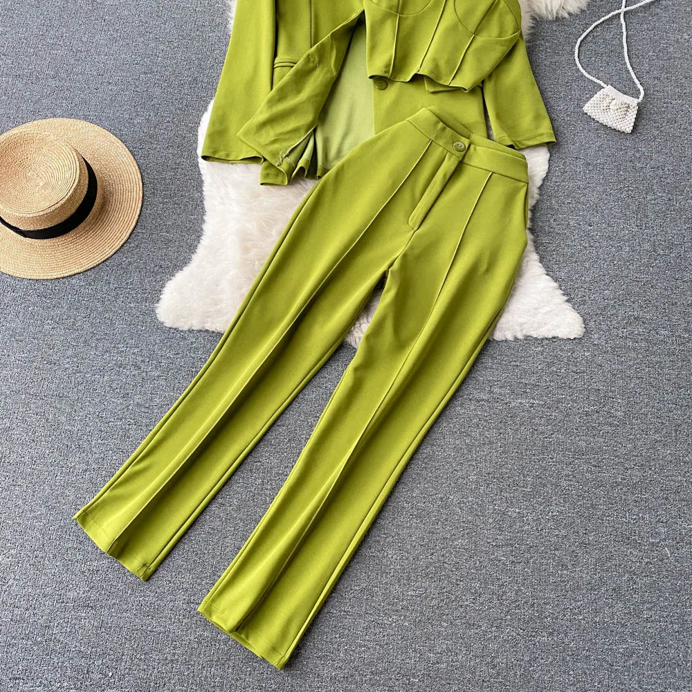 Women Elegant Blazer Three Piece Sets Sexy Tank Tops Loose Jacket and Slim High Waisted Long Pants Suits Woman Outfits