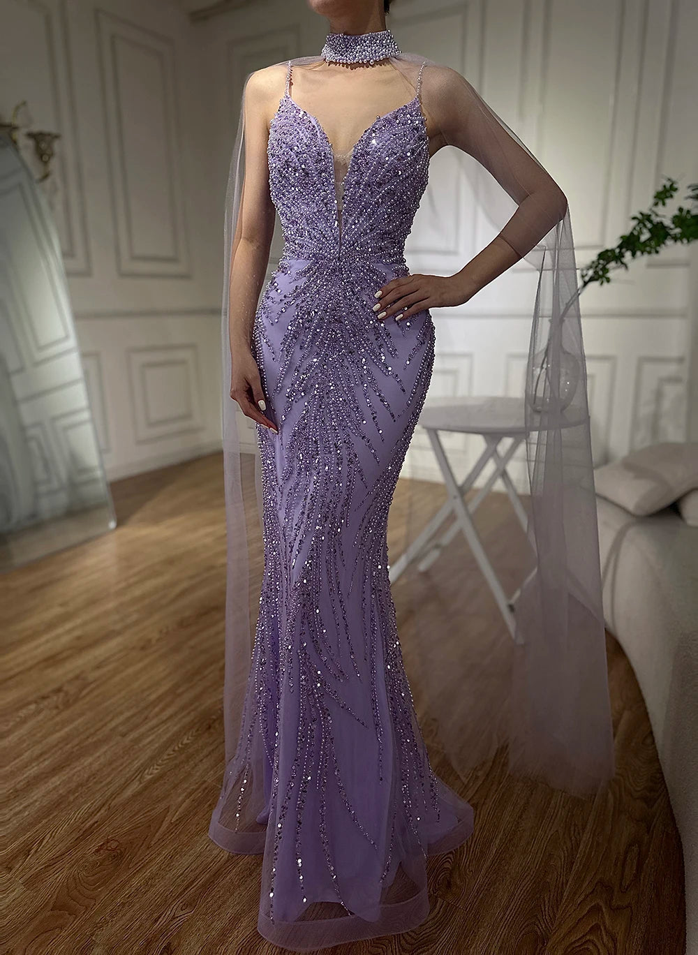 Serene Hill Spaghetti Strap Long Cloak Mermaid Caramel Beaded  Luxury Evening Dresses Gowns for Women's Party 2024 LA72768