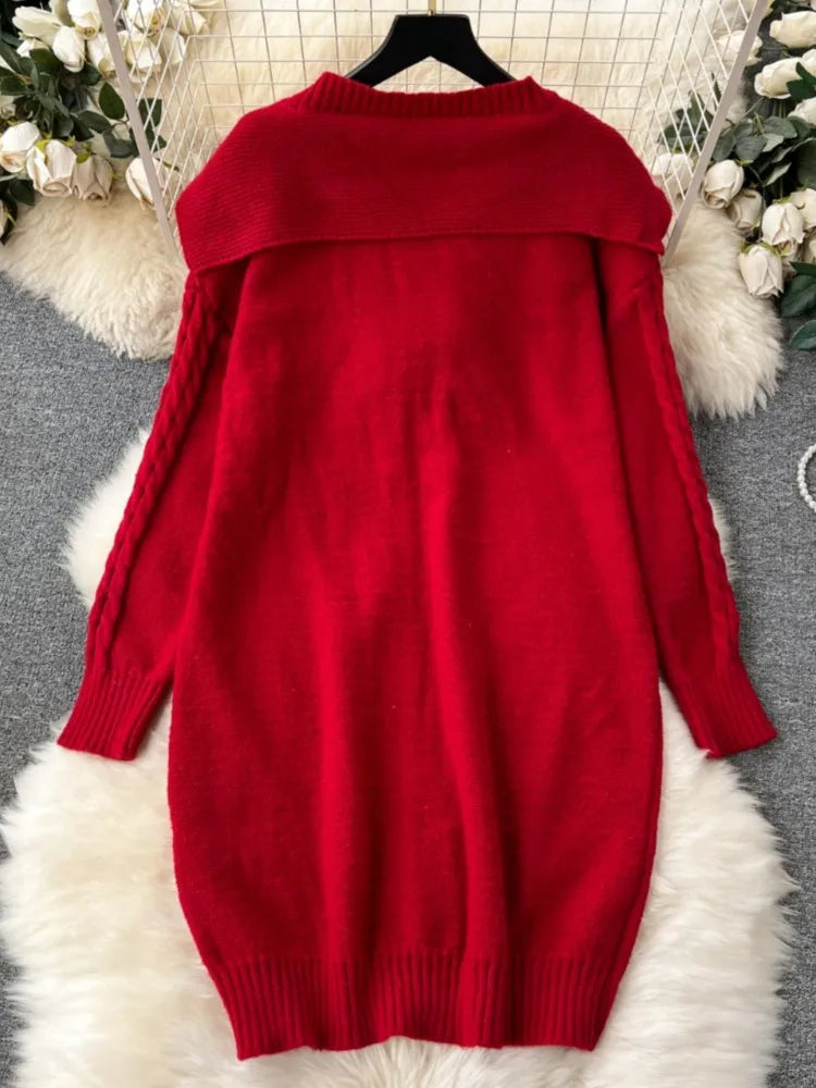 Y2k Sweet Knitted Dresses for Women Autumn Winter Christmas Sweater Loose Knitwears Mini Dress Korean Fashion Female Vestidos