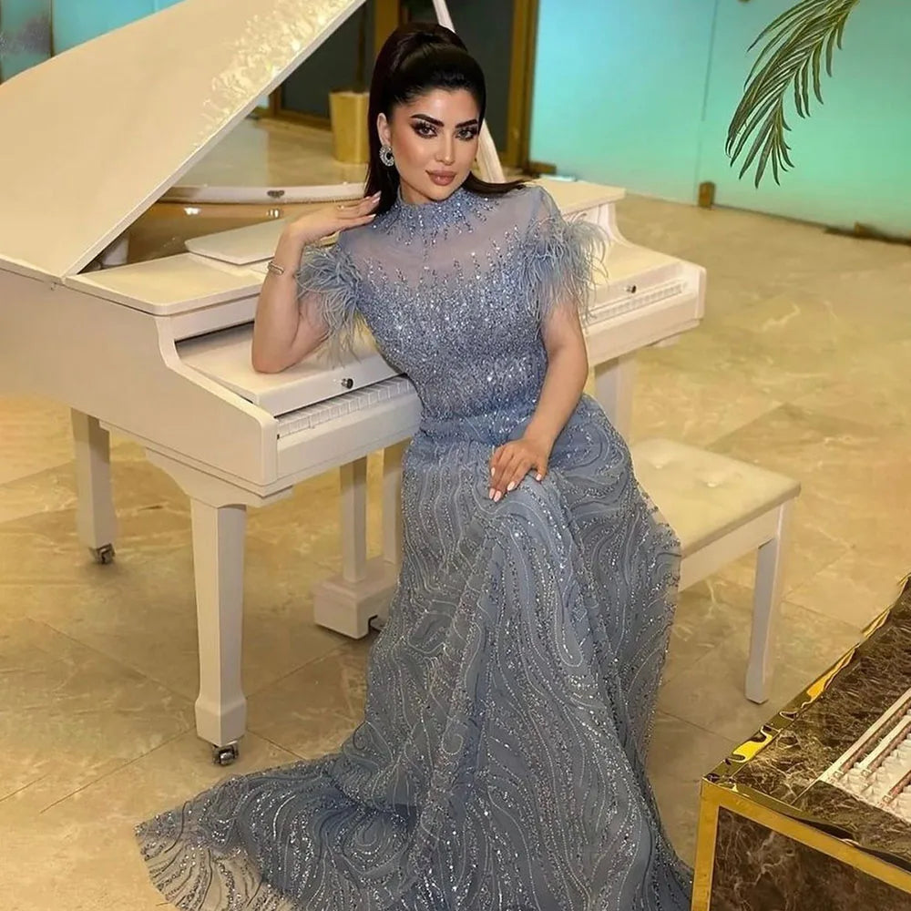 Serene Hill 2024 Arabic blue A Line Short Sleeveless Luxury Evening Dresses Beaded Feathers For Women Wedding Party LA72351