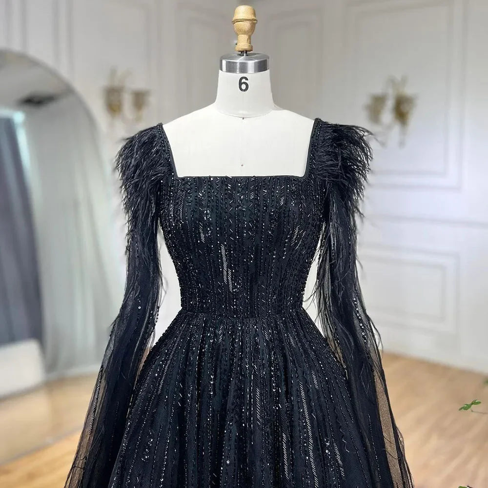 Serene Hill Luxury Dubai A Line Blue Cape Sleeves Feathers Beaded Evening Dresses Gowns 2023 For Women Wedding Party BLA72236