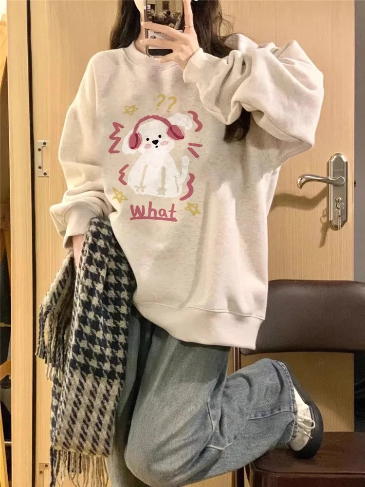 2024 Spring Autumn New Couple Top Unisex Thickened Retro Oversize Pullover Cartoon Puppy Print Round Neck Long Sleeves Pullovers