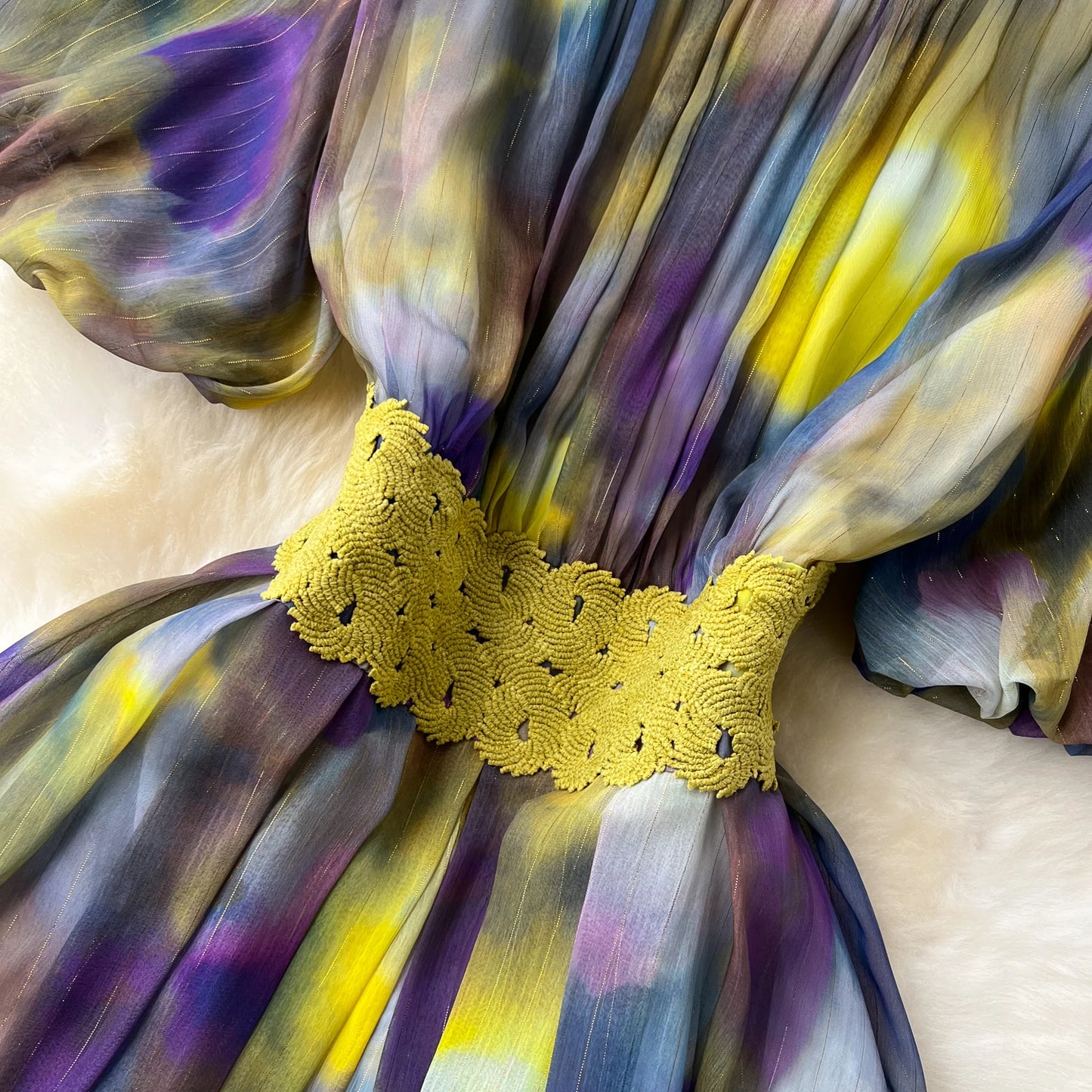 sweet tie dye Lantern Sleeve embroidery o neck chiffon Dress French Party Elegant Summer Sexy Slim Women dresses