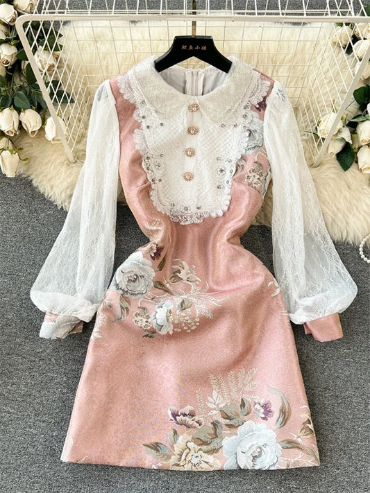 Wedding Guest Elegant Dresses For Women Sweet Lace Patchwork Vintage Floral Jacquard Dress Long Sleeve Spring Short Dresses