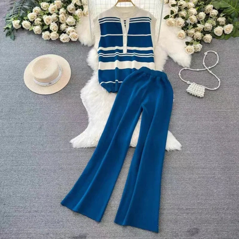 Y2k Clothes Women Fashion Set Two Pieces Streetwear Sleeveless Knitted Self Cultivation Top High Waisted Wide Legs Trousers New