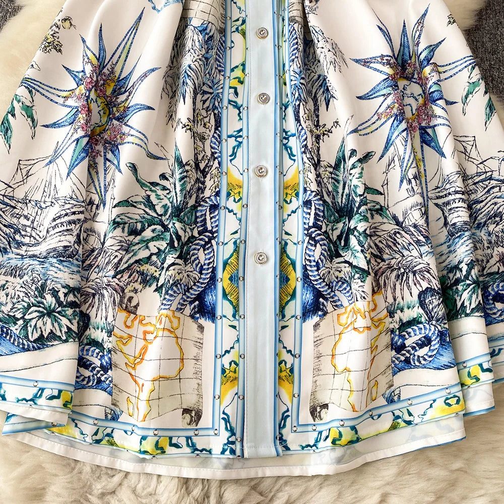 Women Dresses 2023 Short Puff Sleeve Fashion Vintage Print Dress Notched Lapel Front Button Up Elegant Shirt Dress With Belt