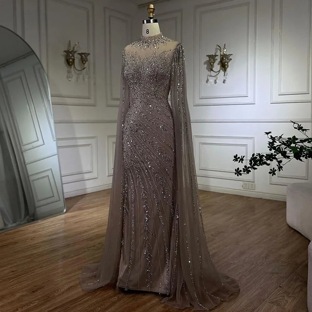 Serene Hill 2024 Nude Cape Sleeves Mermaid Lace Beaded Luxury Dubai Long Evening Dresses Gowns for Women Wedding Party BLA71885A