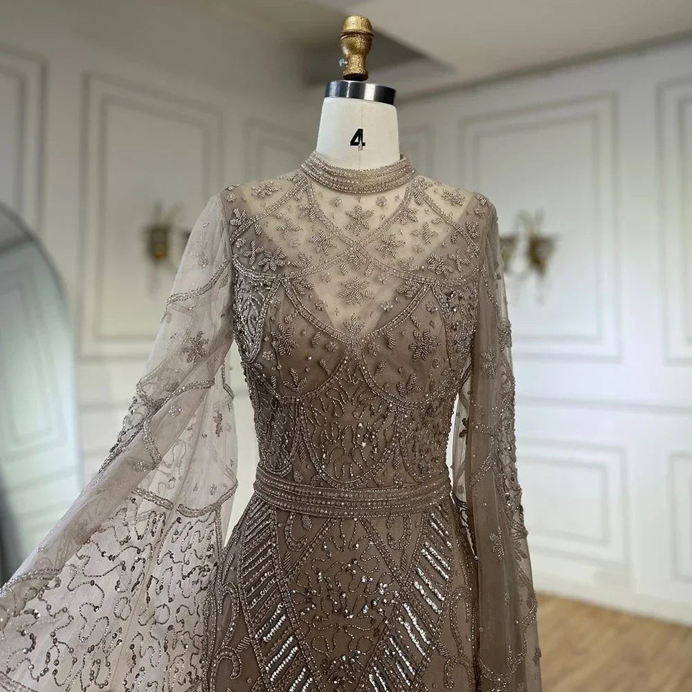 Serene Hill 2024 Muslim Nude Mermaid Elegant Bell Sleeve Beaded Luxury Dubai Long Evening Dress for Formal Occasion LA72316A