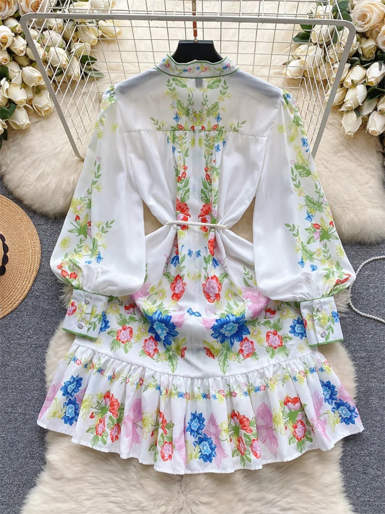 Clothes For Women Dresses 2024 Spring Ruffle Hem Vintage Floral Print Dress Stand Neck Long Sleeve Holiday Mini Dress With Belt