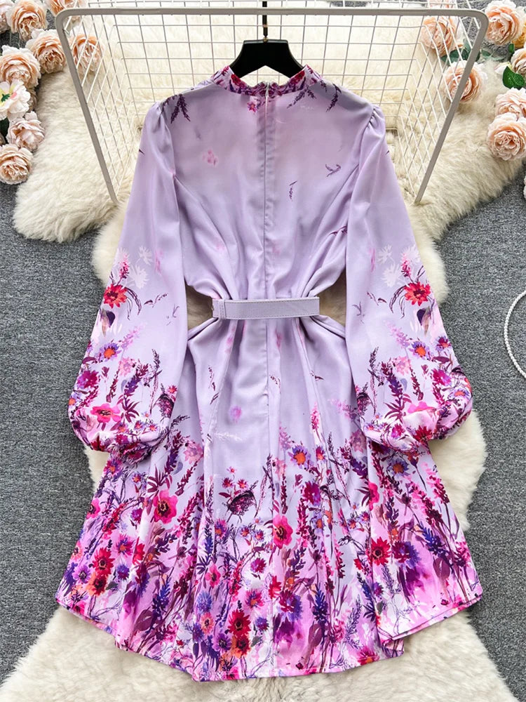 Spring Dresses 2024 Women Clothing Long Sleeve Party Elegant Dress With Belt Stand Collar Vintage Floral Print Holiday Dress