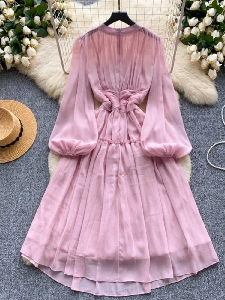 Elegant Tassel Beaded Lantern Sleeve Midi Dress Women French Stand Collar Slim A-Line Pleated Female One Piece Casual Mujer New