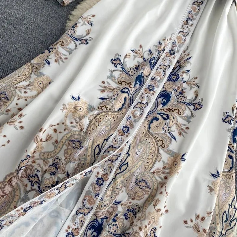 Lusumily New Arrival 2024 Vintage Dress Women Fashion Long Sleeve Flower Print Pleated Dresses Elegant Woman Midi Holiday Dress