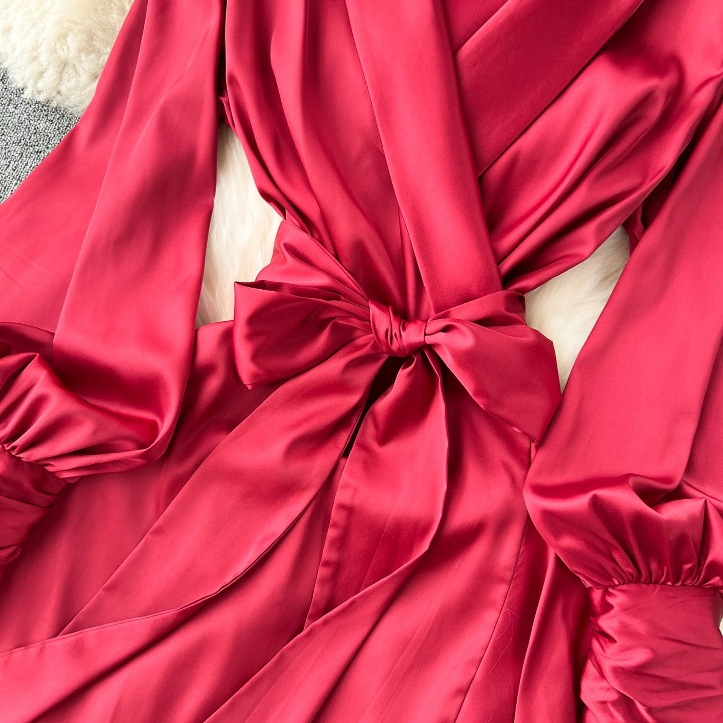 Women Elegant Satin Dress Summer Bandage High Waisted Ruffled Irregular Blazer Dresses Ladies A-line Vintage Party Long Robe