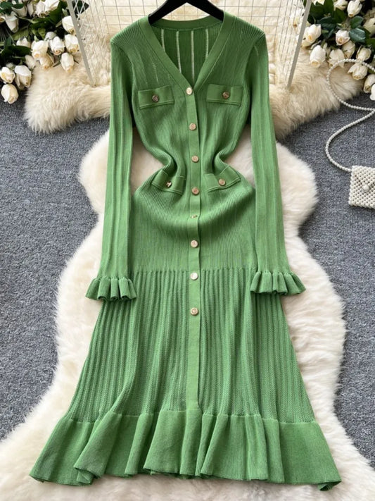 Elegant Women Solid Knitted Dresses Autumn V-Neck Single Breasted Chic Flared Sleeve Ruffles Hem Casual Female Slim Office Robes