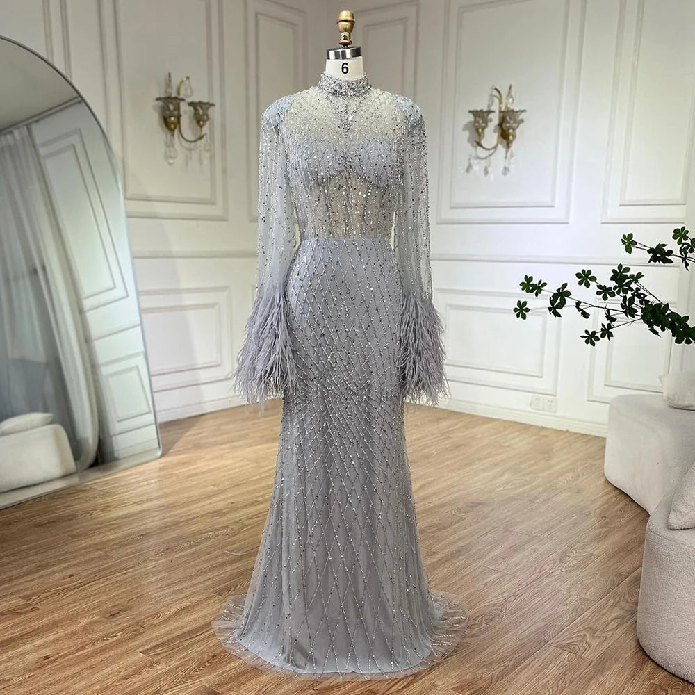 Serene Hill 2024 Women Wedding Party Dubai Gowns Nude Illusion Cut Out Lace Beaded Feathers Mermaid Long Evening Dresses LA72394