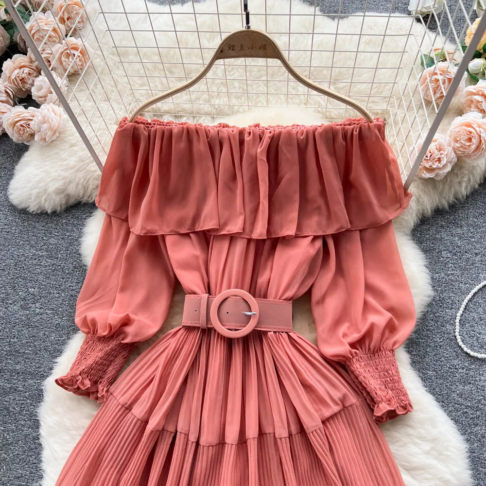 Vintage Pleated Slash Neck Off Shoulder High Waist  Dress Long Sleeve  Dress Chic Summer Beach Vestidos Women Vacation Sundress