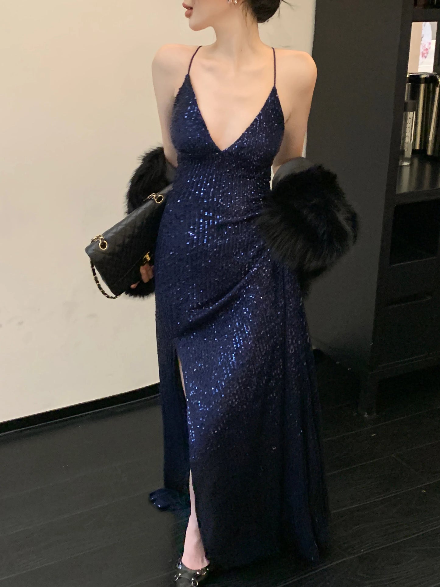 Women's Backless V-Neck Split Maxi Dress Sexy Slim Evening Gown Luxury Dresses Fashion Robe Birthday Party Spring Autumn New