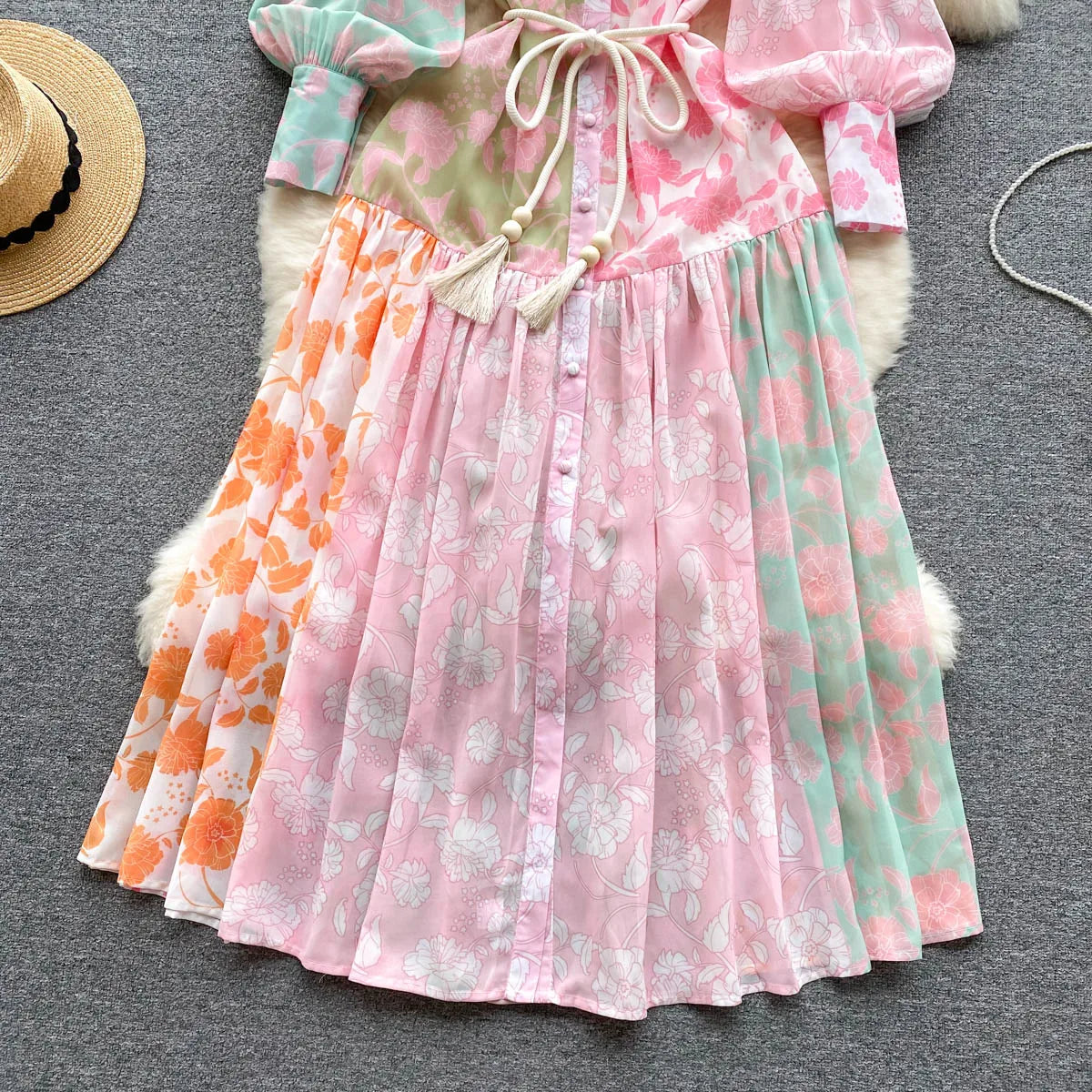Chic Print Pleated Elegant Lantern Sleeve Dress A-line Casual Lace Up Vacation Party Dress Women Fashion Autumn Spring Vestidos