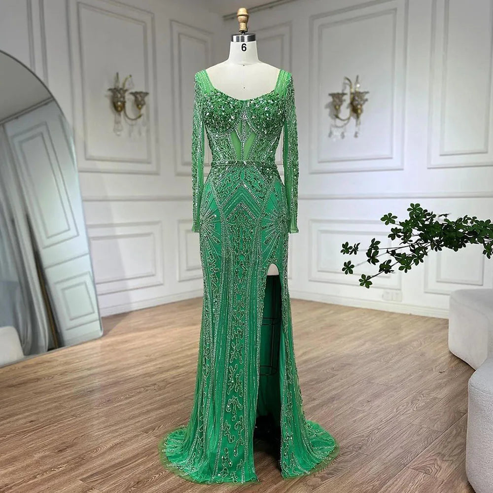 Serene Hill 2024 Women Wedding Parties Dubai Arabia Luxury Beaded Evening Dresses Gowns Green Elegant Split Mermaid LA72518